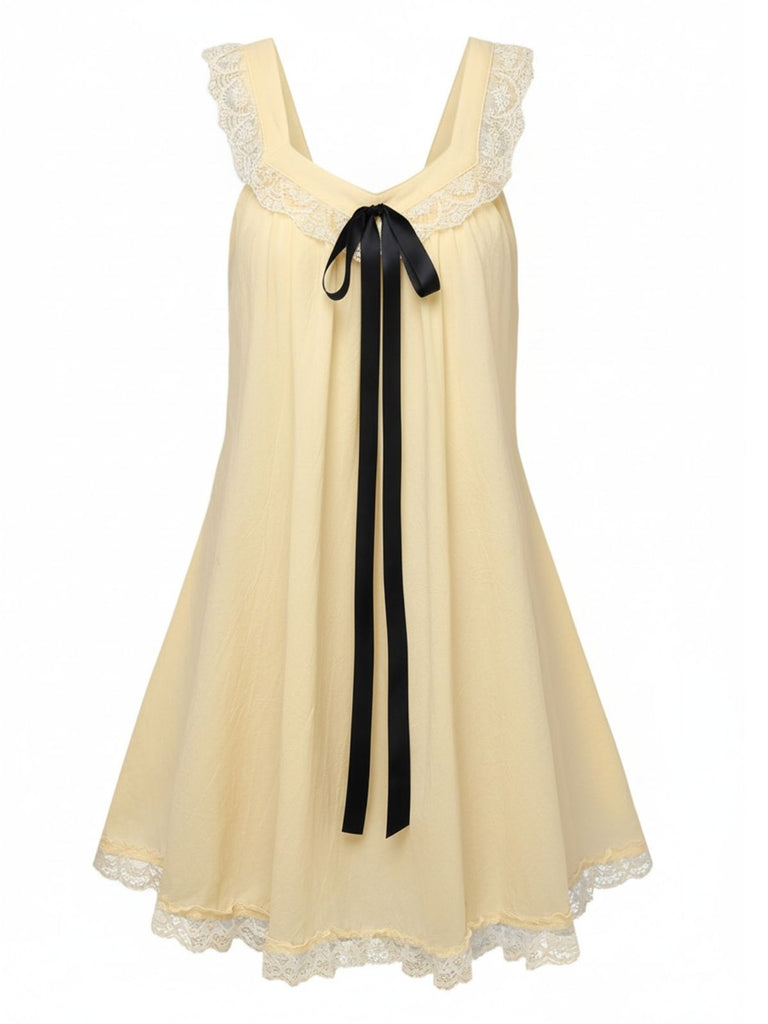 [Vorverkauf] 1960er Solide Bogen Rückenfrei Spitze Babydoll Kleid