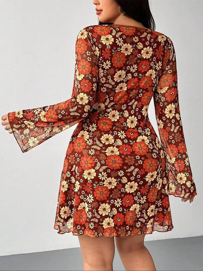 [Übergröße] Orange 1960er V-Ausschnitt Blumen Kleid