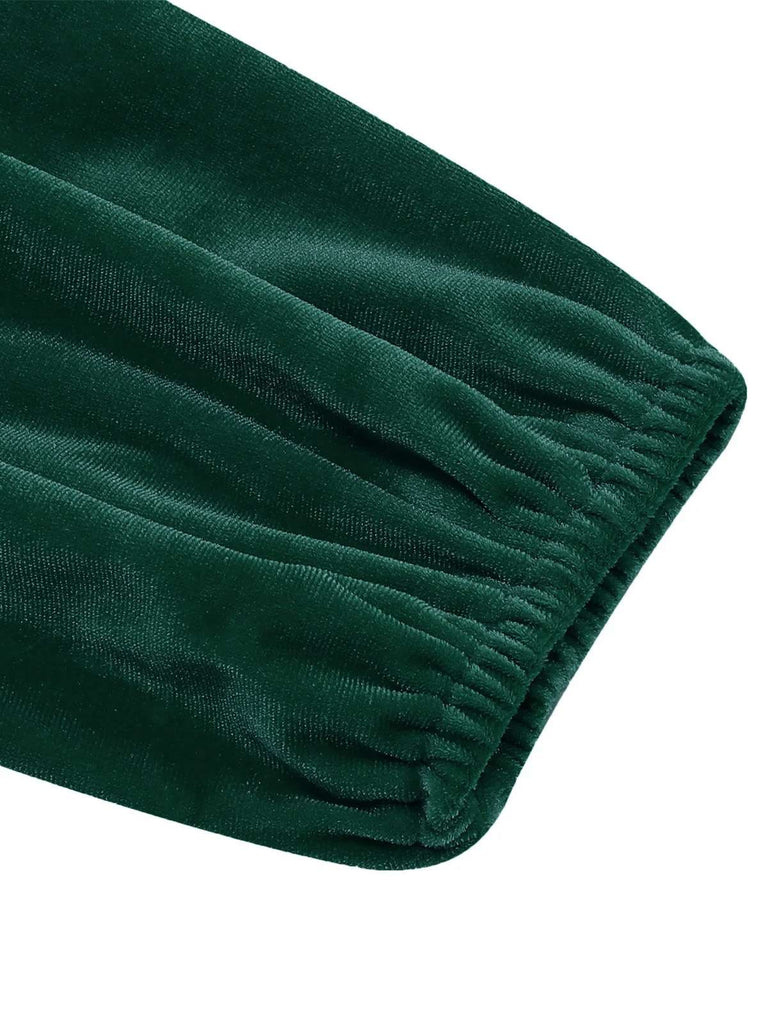 Dunkelgrün 1950er Weihnachten Samt Quadratischer Hals Langarm Kleid