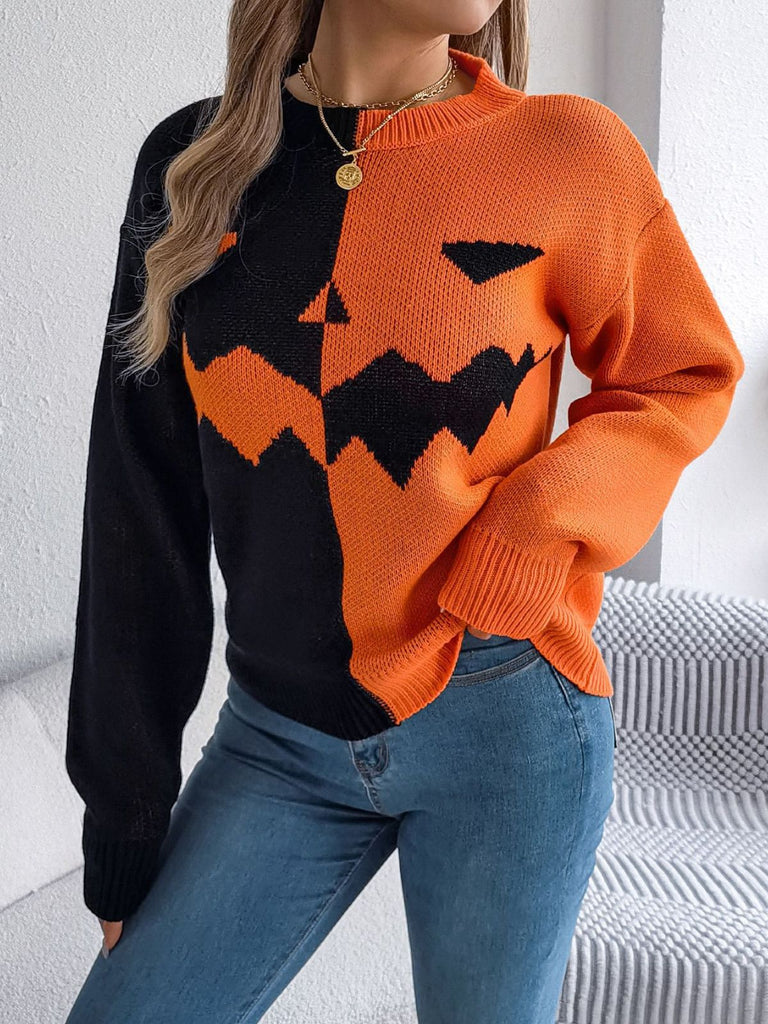 1940er Halloween Kürbis Gesicht Farbblock Stricken Pullover