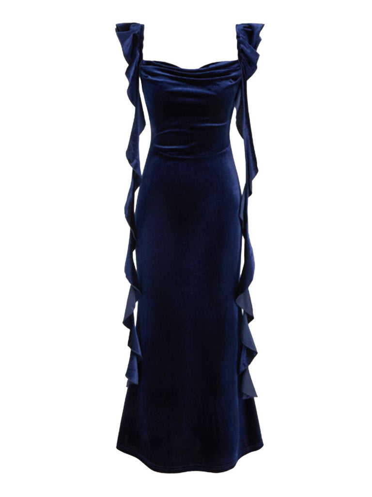 1940er Samt Schleife Träger Rüschen Detail Kleid