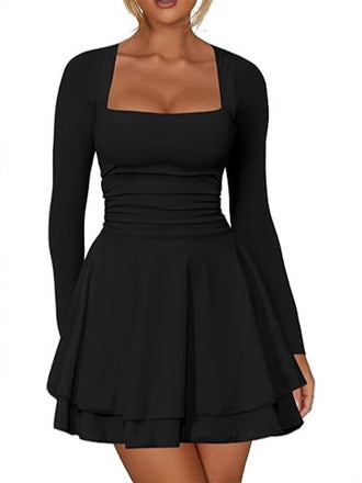 1980er Solide Tailliert Quadratischer Hals Langarm Kleid