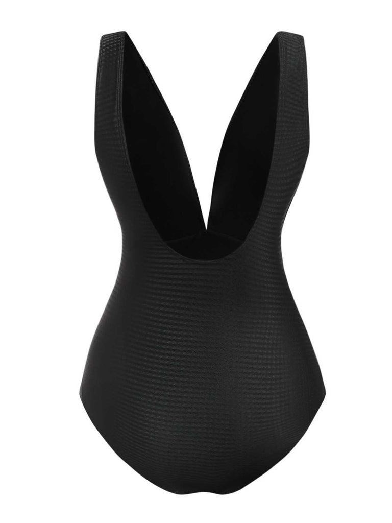 Schwarz 1930er Tief V-Ausschnitt Muschel Badeanzug