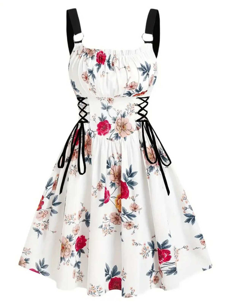 [Vorverkauf] 1950er Träger Blumen Schmetterlinge Schnürung Korsett Kleid
