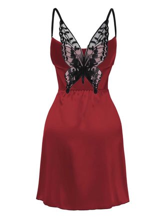 [Vorverkauf] Rot 1980er Satin Slip Schmetterling Spitze Nachthemd