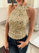 Metallic 1970er Halter Pailletten Ärmellos Top