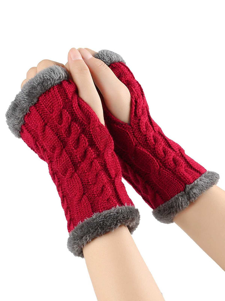 Winter Kunstpelzbesatz Stricken Fingerlos Handschuhe