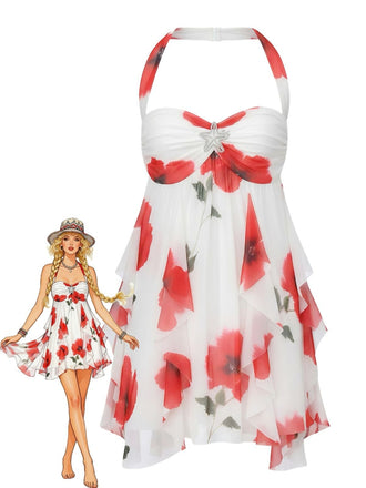 Rot 1960er Halter Unregelmäßig Saum Babydoll Kleid