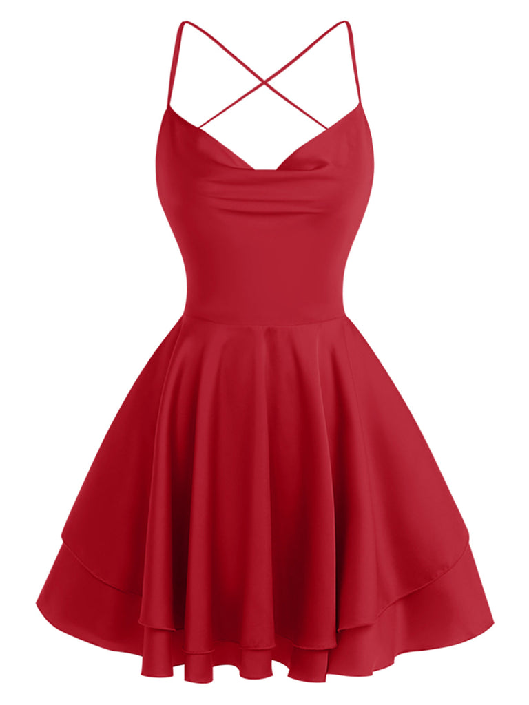 1960er Solide Satin Zurück Schnürung Mini Kleid