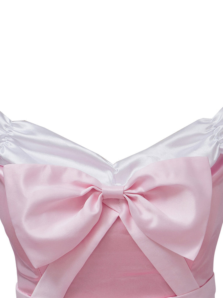 Rosa 1950er Schulterfrei Plissiertes Satin Bogen Prinzessin Kleid