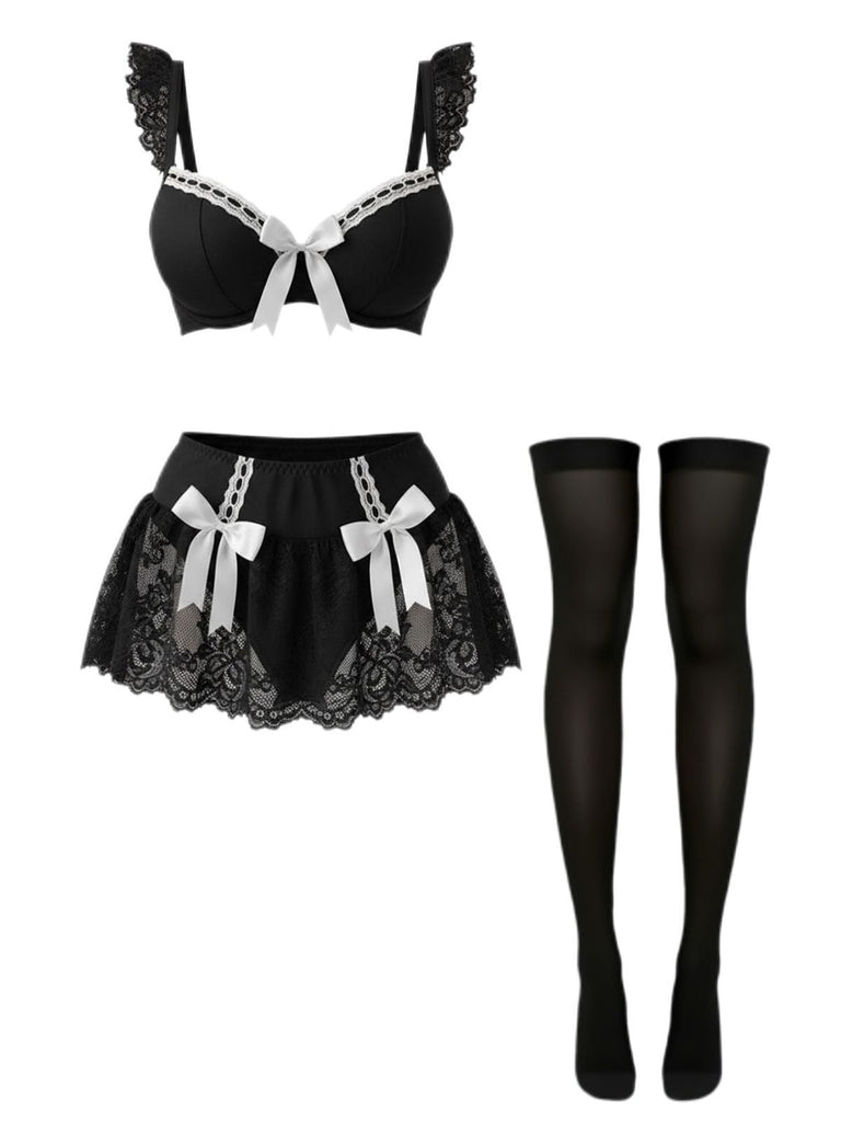 [Vorverkauf] Schwarz 1980er Spitze Bogen Maid Kostüm Loungewear Set