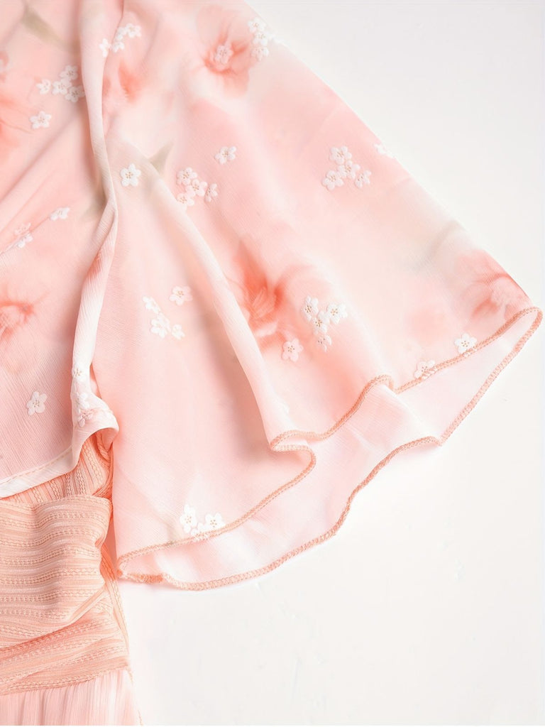 [Übergröße] Rosa 1970er Blumen Rüschen Unregelmäßigem Saum Kleid