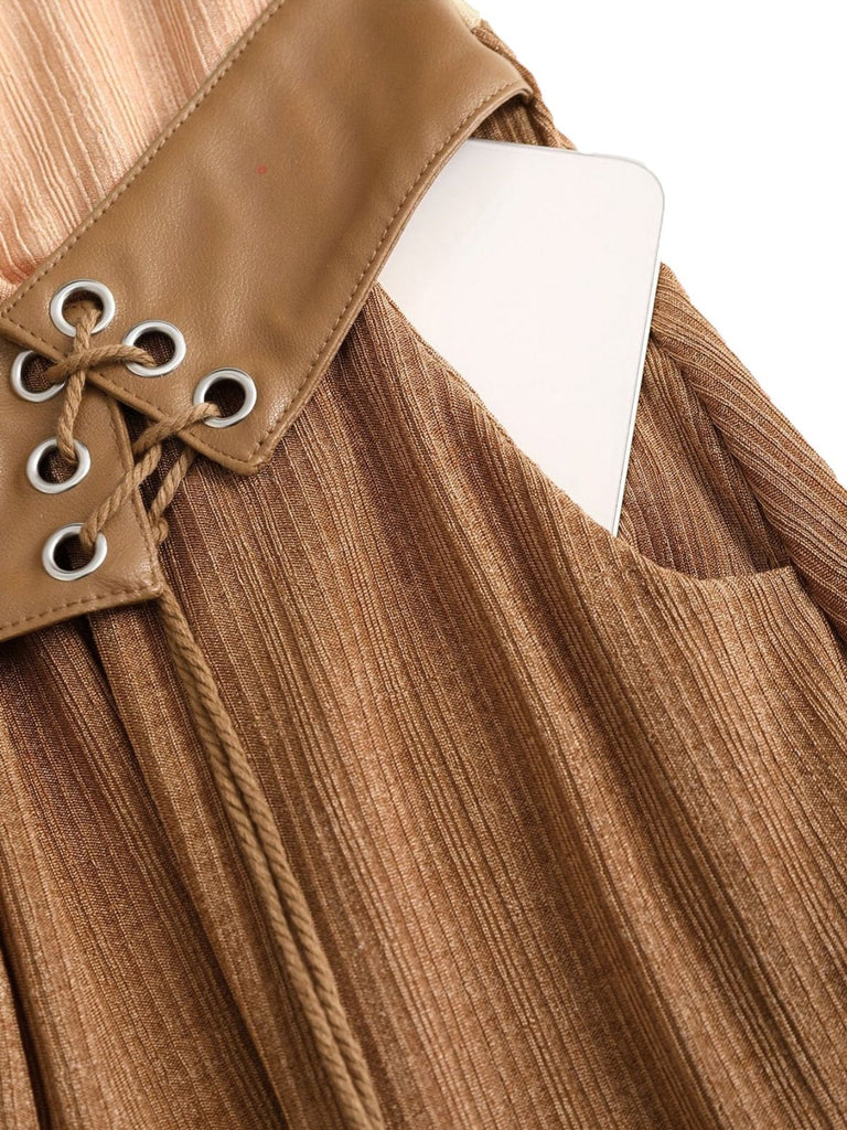 [Übergröße] 1970er Boho Binden Quaste Saum Rüschen Gerippt Kleid