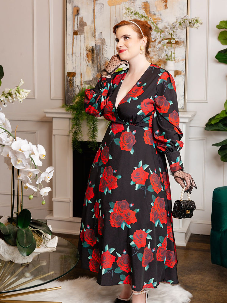 SCHWARZES ROSEN LATERNEN ÄRMEL SCHNÜRKLEID