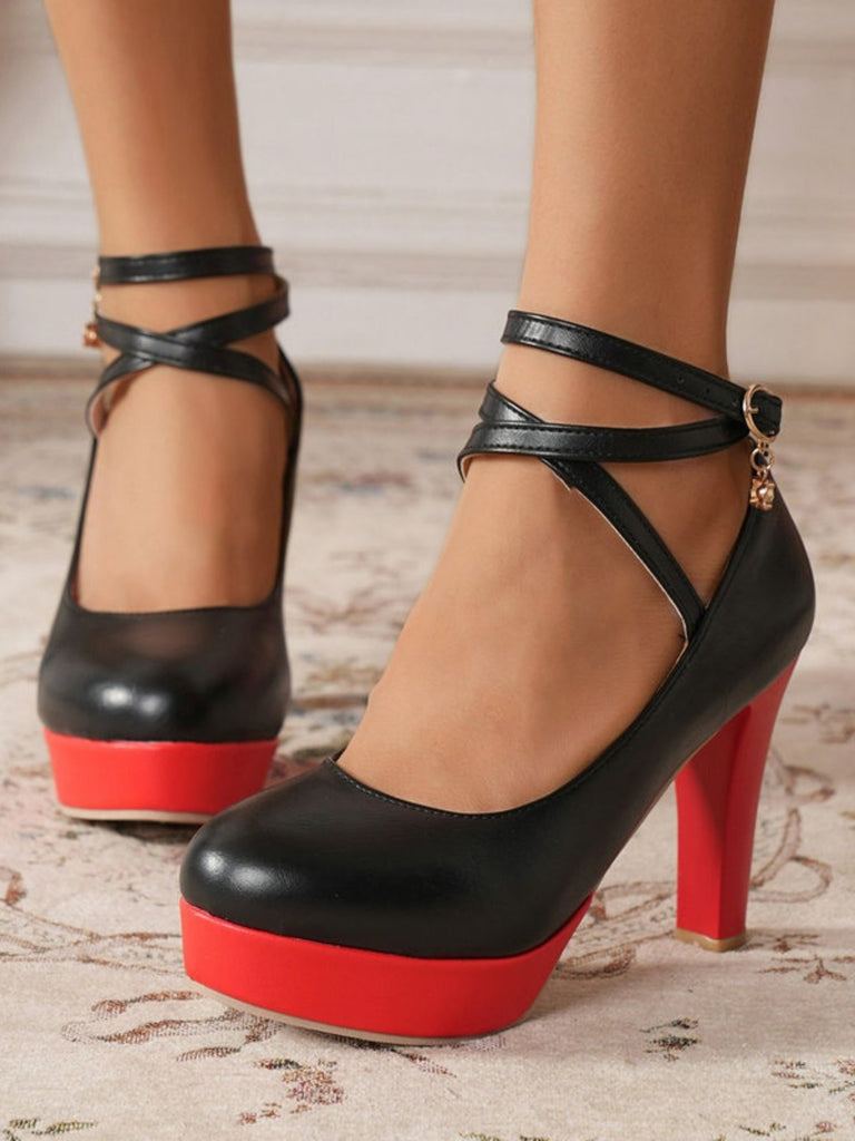 Mary Jane Farbblock Rundem Zehenriemen Klobige High Heels