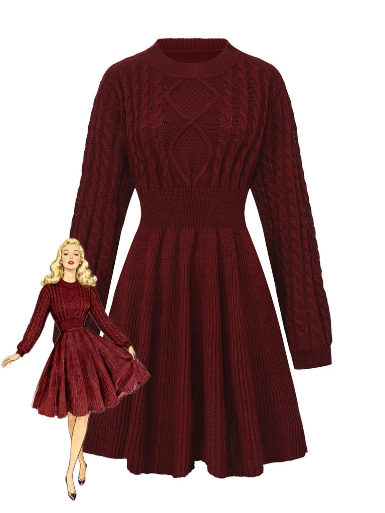 1940er Solide Stricken Laternenärmel Pullover Kleid