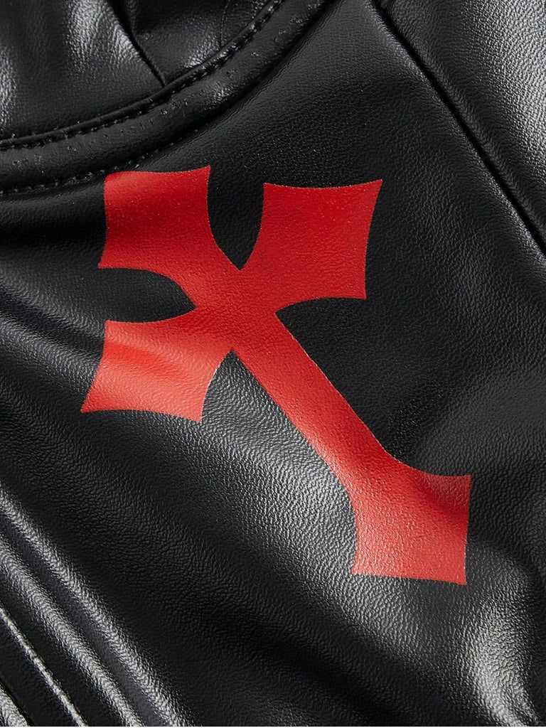 Schwarz 1970er Gothic Kreuzen Kunstleder Cami Top