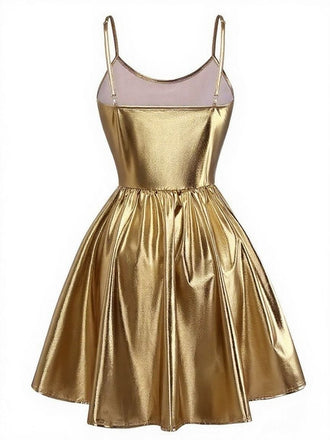 Gold 1980er Metallisch Spaghetti Träger Party Kleid