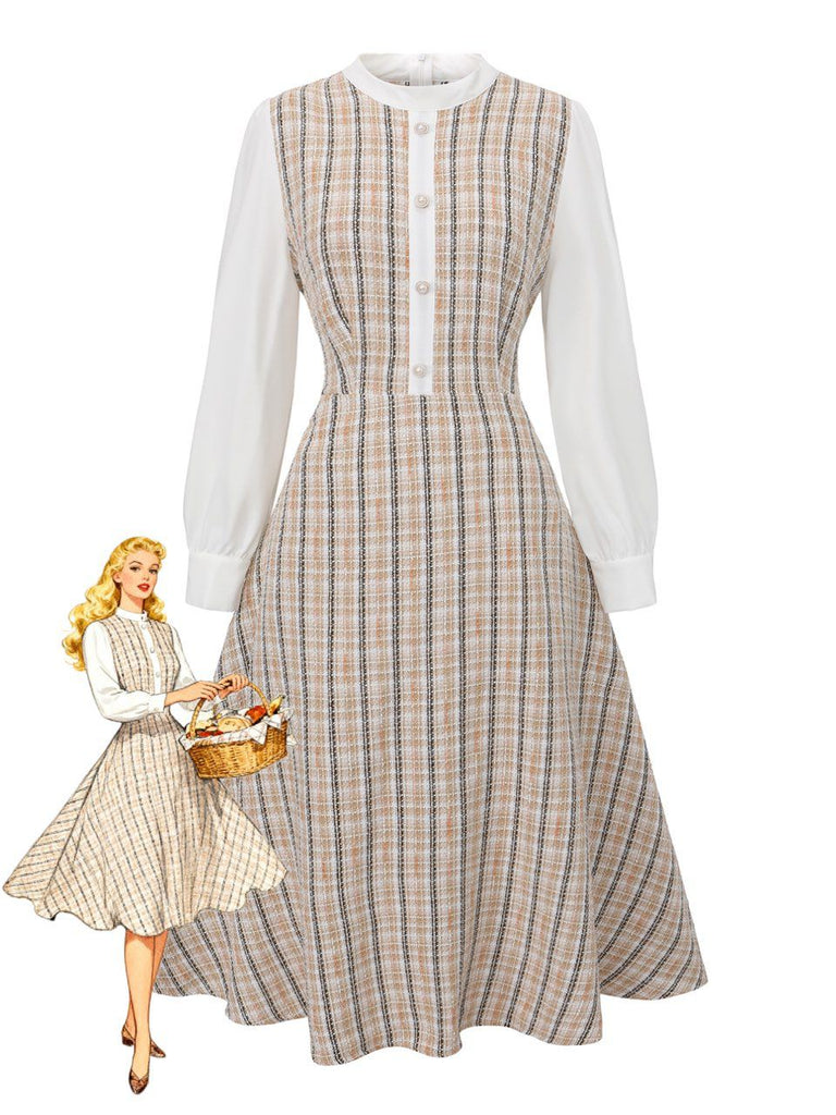 Khaki 1940er Vintage Patchwork Langärmel Kleid