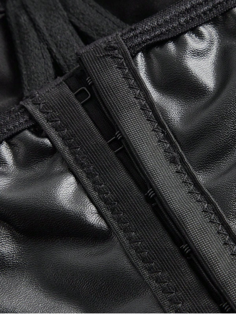 Schwarz 1970er Gothic Kreuzen Kunstleder Cami Top