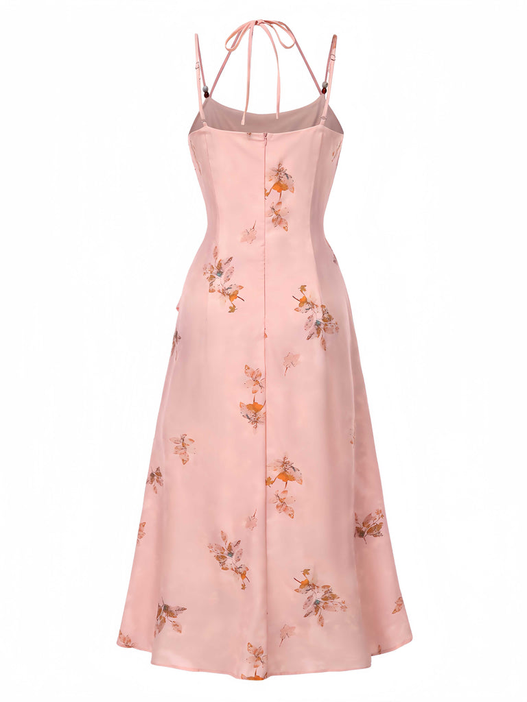 Rosa 1930er Halter Träger Blumen Satin Kleid