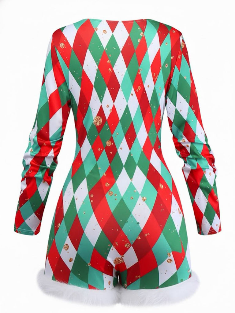 1970er Diamantgitter Weihnachten Plüschsaum Romper