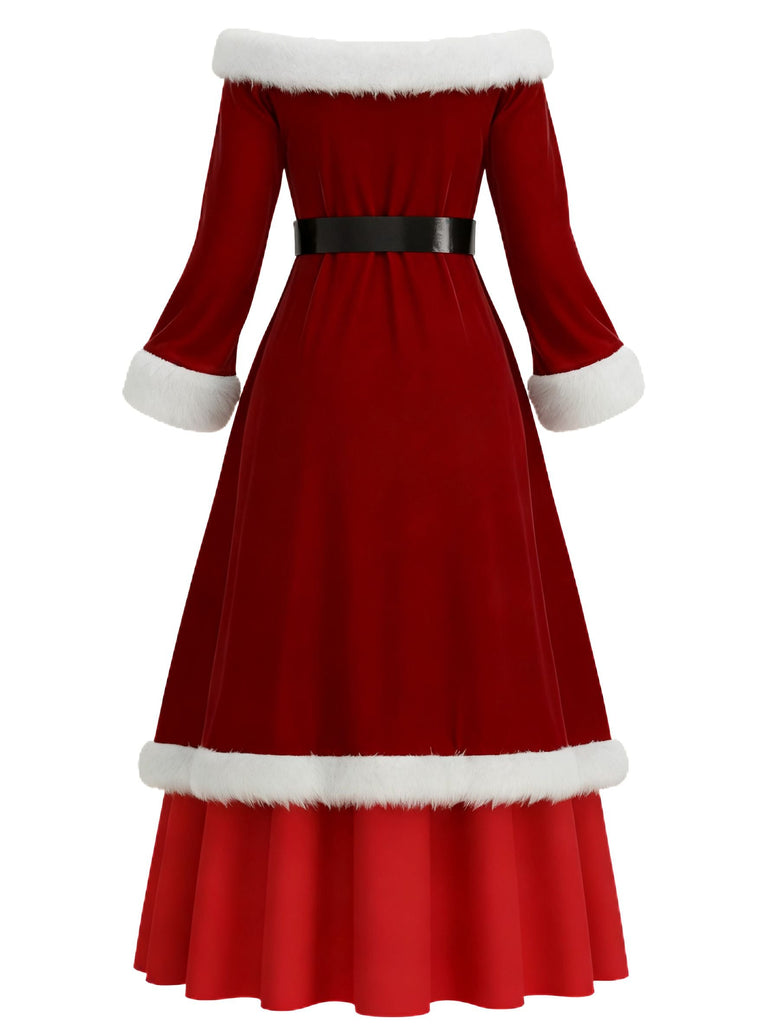 Rot 1930er Weihnachten Samt Kunstpelzbesatz Kleid