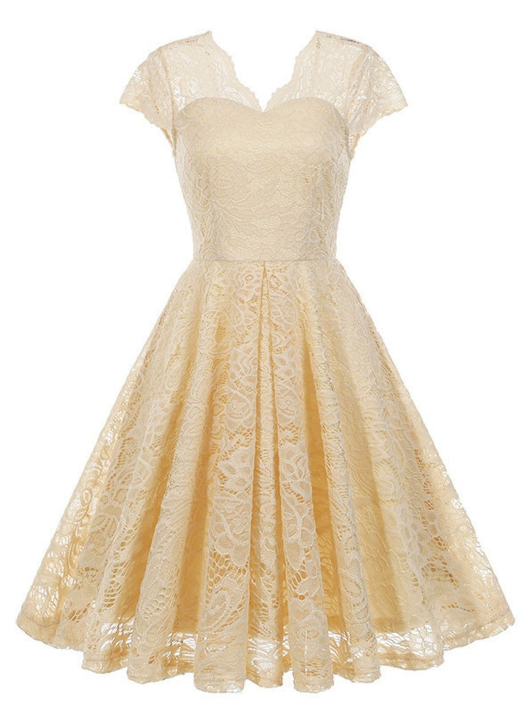 1950er Solide V-Ausschnitt Ärmellos Spitze Kleid