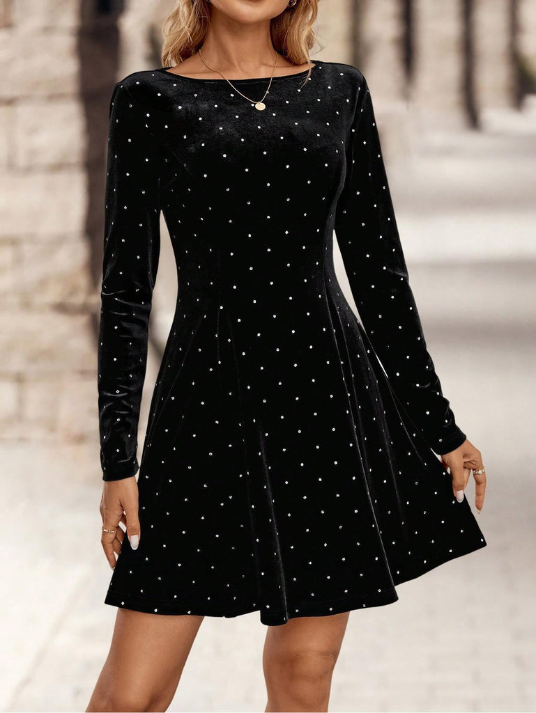 Dunkelgrün 1980er Samt Strassstein Tailliert Party Kleid