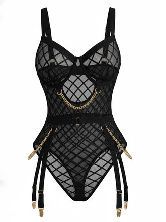 Schwarz 1970er Riemchen Ketten Akzente Durchsichtig Netz Lingerie