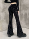 Schwarz 1980er Punk Rebe Drucken Samt Bootcut Hose