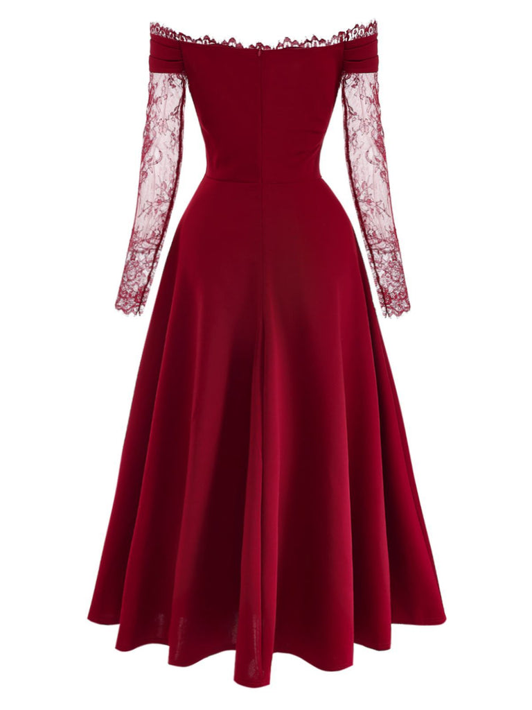 Bordeauxrot 1930er Schulterfrei Spitze Langarm Kleid