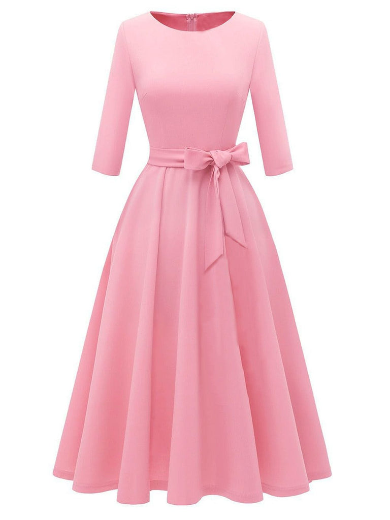 1940er Solide Passform Bogen 3/4 Ärmel Swing Kleid