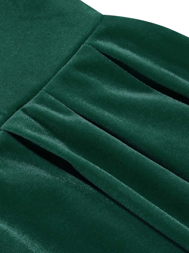 Dunkelgrün 1950er Weihnachten Samt Quadratischer Hals Langarm Kleid