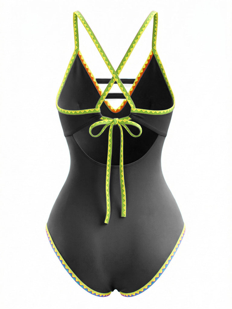 1970er Farbblock Träger Ausschnitt Einteiliger Badeanzug