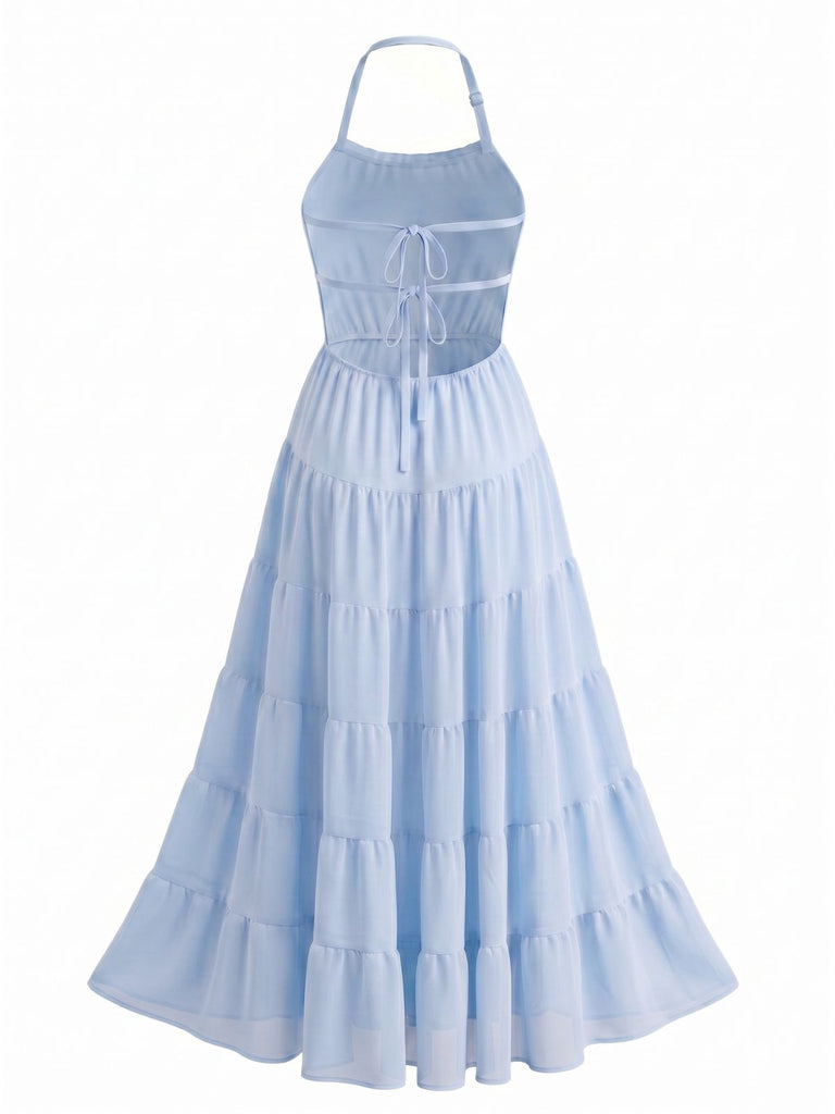 70er Chiffon-Maxikleid mit Neckholder und offenem Rücken