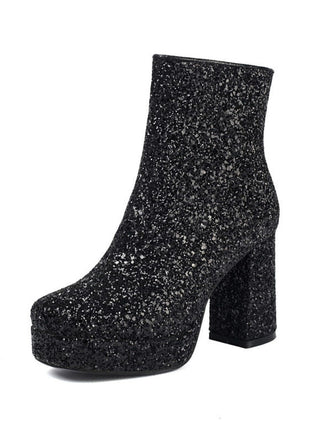 Schwarze Glitzer-Plateau-Stiefeletten mit Blockabsatz