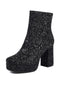 Schwarze Glitzer-Plateau-Stiefeletten mit Blockabsatz