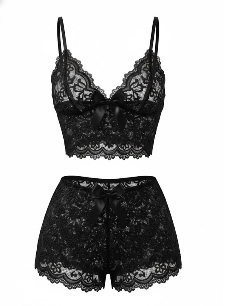 1960er Spaghetti Träger Spitze Blumen Bogen Pyjama Set