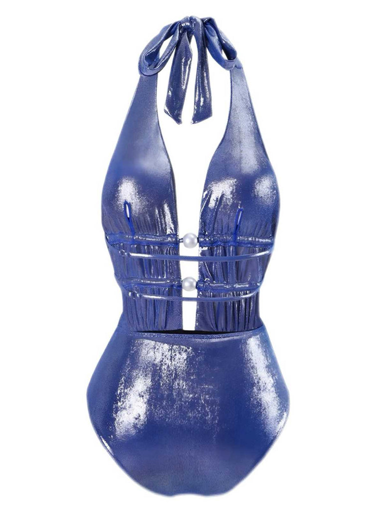 Blau 1970er Schimmernd Halfter Perle Badeanzug