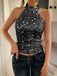Metallic 1970er Halter Pailletten Ärmellos Top
