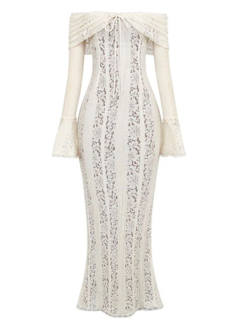 1930er Schulterfrei Spitze Trompetenärmel Maxi Meerjungfrauenkleid