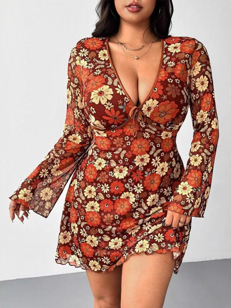 [Übergröße] Orange 1960er V-Ausschnitt Blumen Kleid