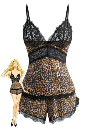 Braun 1970er Leopard Spitze Spaghetti Träger Pajama Set