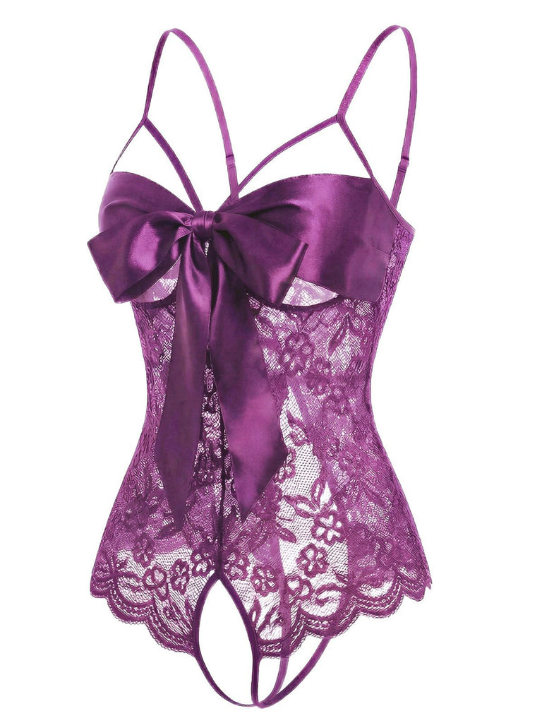 Rot 1970er Spitze Satin Bogen Verstellbar Träger Dessous