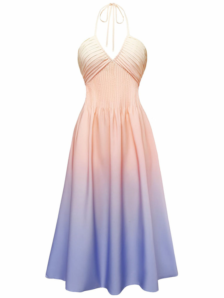 40er Kleid mit Ombre, Neckholder und V-Ausschnitt in Mehrfarbig