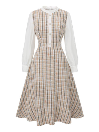 [Vorverkauf] Khaki 1940er Vintage Patchwork Langärmel Kleid