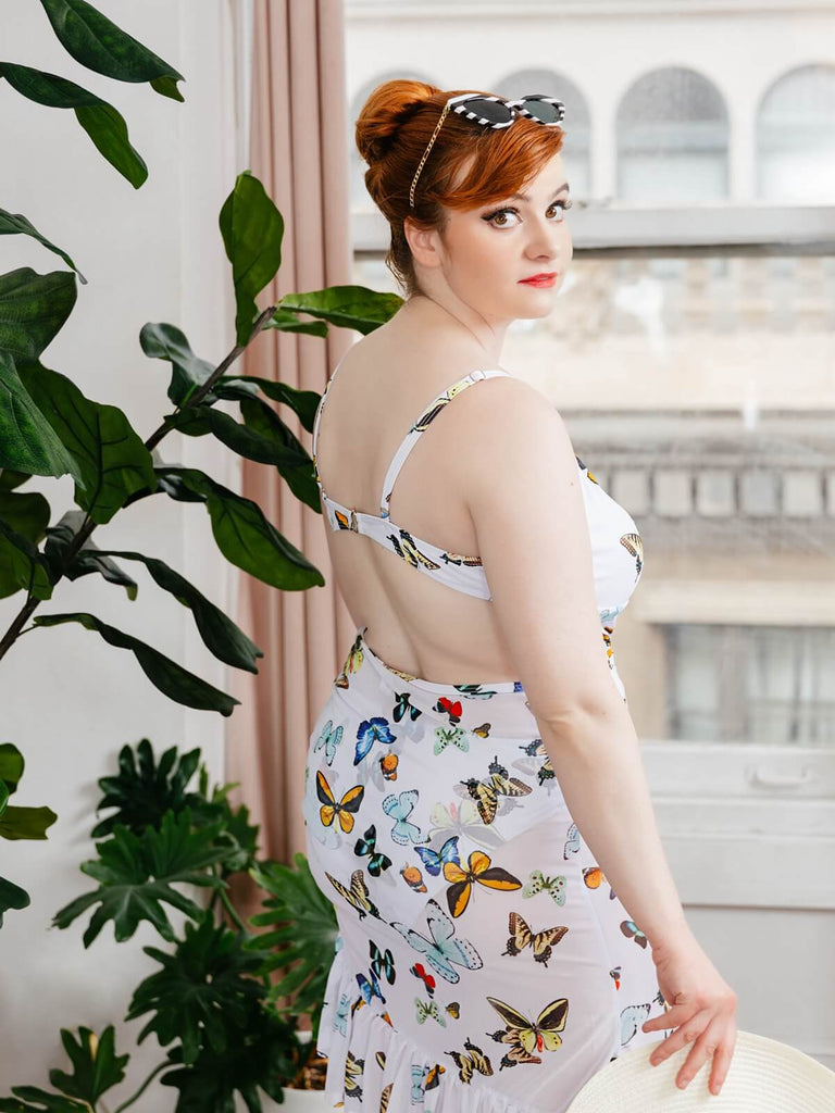 1960er Schmetterlinge Träger Einteilig Badeanzug & Cover-Up