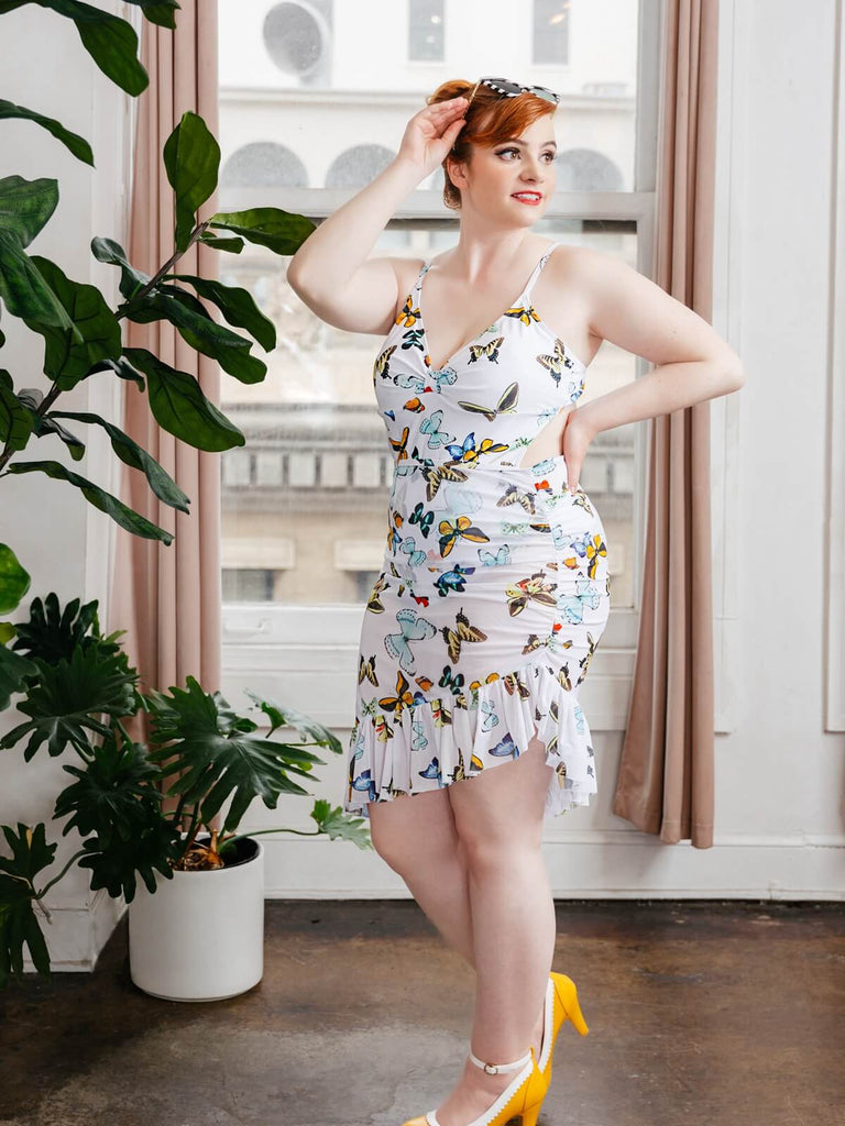 1960er Schmetterlinge Träger Einteilig Badeanzug & Cover-Up