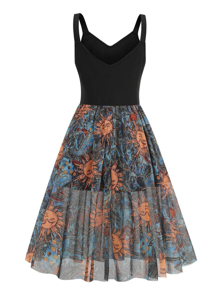 Schwarz 1950er Sonnengesicht Ärmellos A-linie Kleid